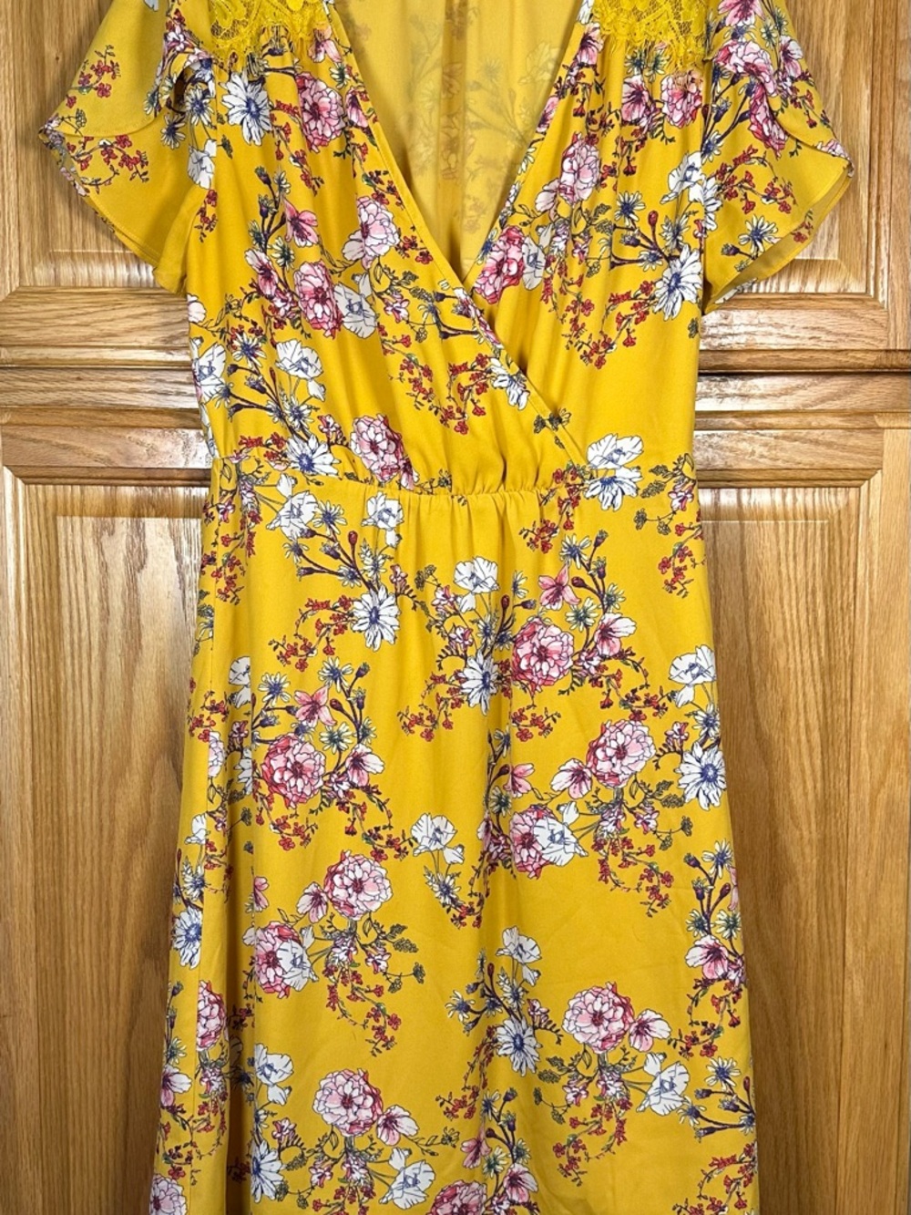 Skies Are Blue Yellow Floral Wrap-Style Midi Dress